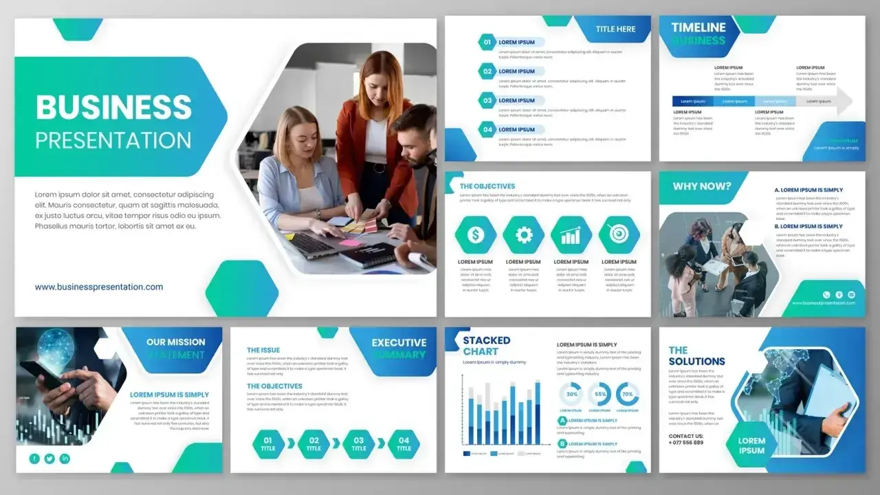 Szablony do prezentacji **power point** z grafikami biznesowymi, wykresami i zdjęciami zespołu.