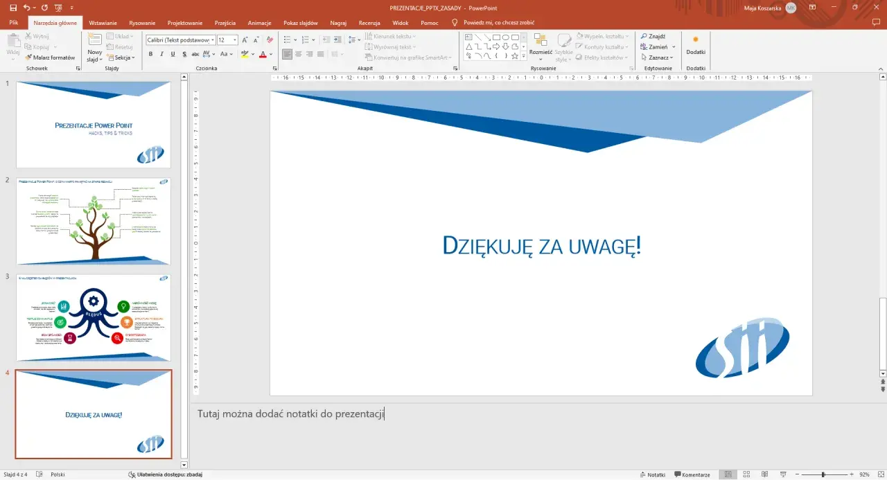Jak odzyskać prezentacje PowerPoint? Widok edytora programu PowerPoint z kilkoma slajdami, w tym slajdem końcowym "Dziękuję za uwagę!".