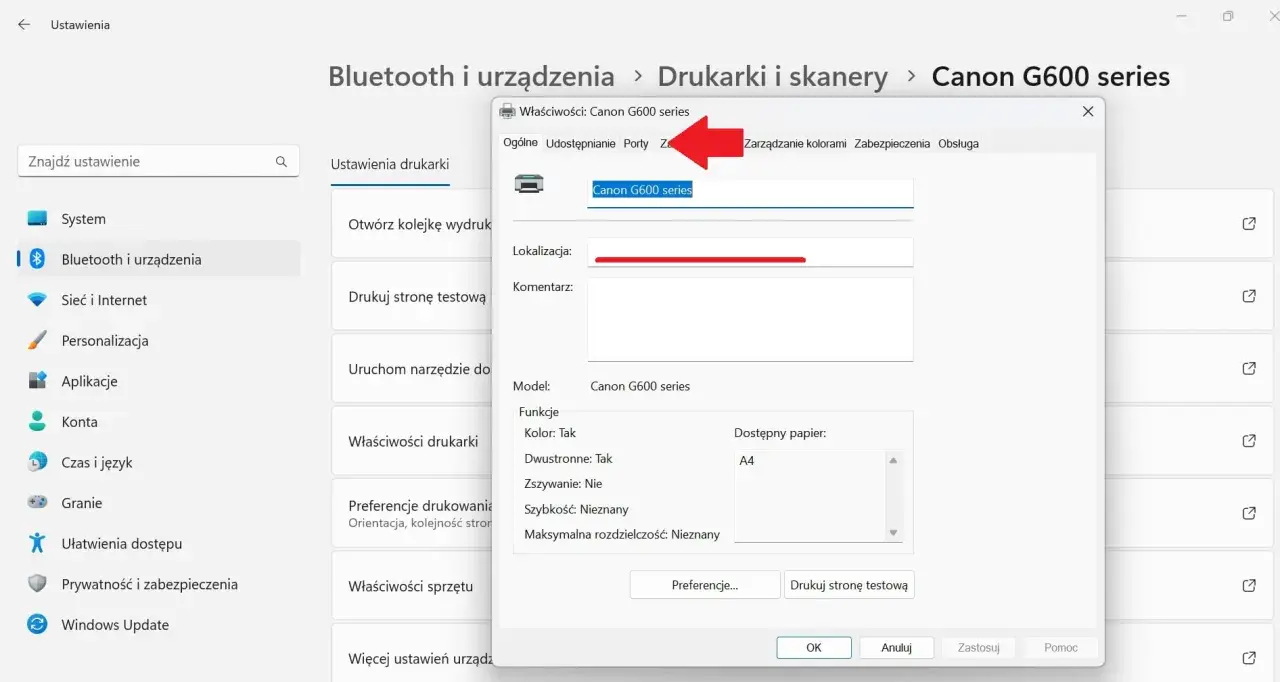 Gdzie znaleźć IP drukarki? Właściwości drukarki Canon G600 series, zakładka Ogólne.