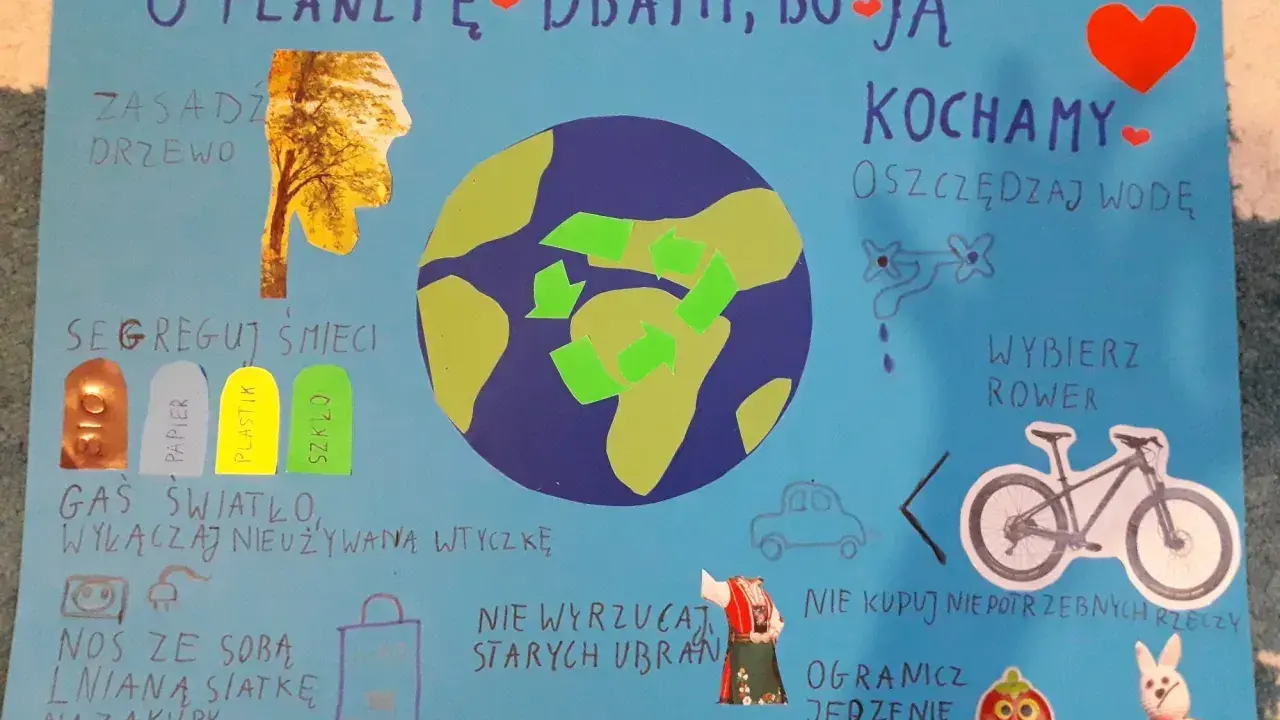 Plakat "Jak zrobić plakat" pokazuje, jak dbać o planetę: sadzić drzewa, segregować śmieci, oszczędzać wodę, jeździć rowerem i ograniczać mięso.