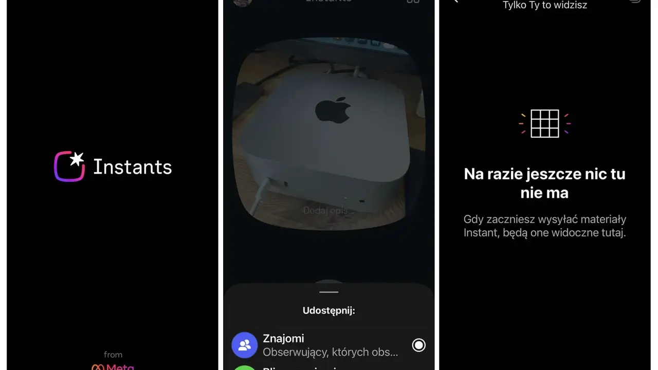 Nowa funkcja na Instagramie: Instants. Ekran powitalny, podgląd zdjęcia Maca Mini i ekran "Twoje materiały Instant" z informacją o braku treści.