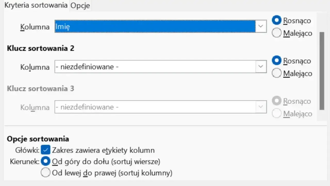 Okno dialogowe Excela do sortowania danych. Ustawienia obejmują sortowanie kolumny "Imię" alfabetycznie rosnąco.