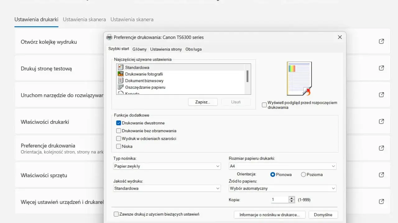 Okno dialogowe "Preferencje drukowania" dla drukarki Canon TS6300 series. Widoczny przycisk "Anuluj", który pozwala na anulowanie drukowania.