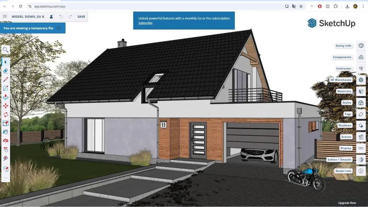 Darmowy program do wizualizacji budynków SketchUp pozwala tworzyć modele domów, jak ten z garażem i motocyklem.