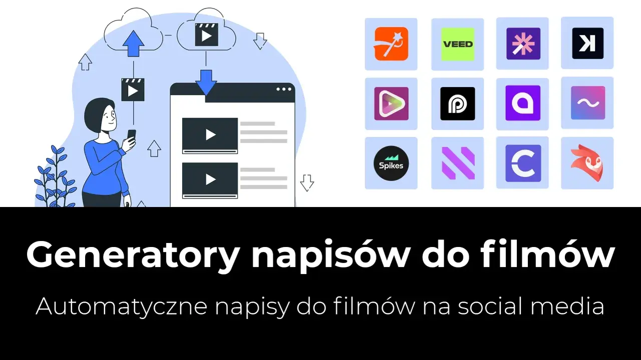 Kobieta z telefonem korzysta z generatora napisów do filmów, jak np. napiprojekt. Ikony popularnych narzędzi do edycji wideo.