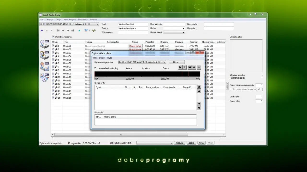 Program Exact Audio Copy z oknem edytora układu płyty, pokazujący listę utworów i ich szczegóły.