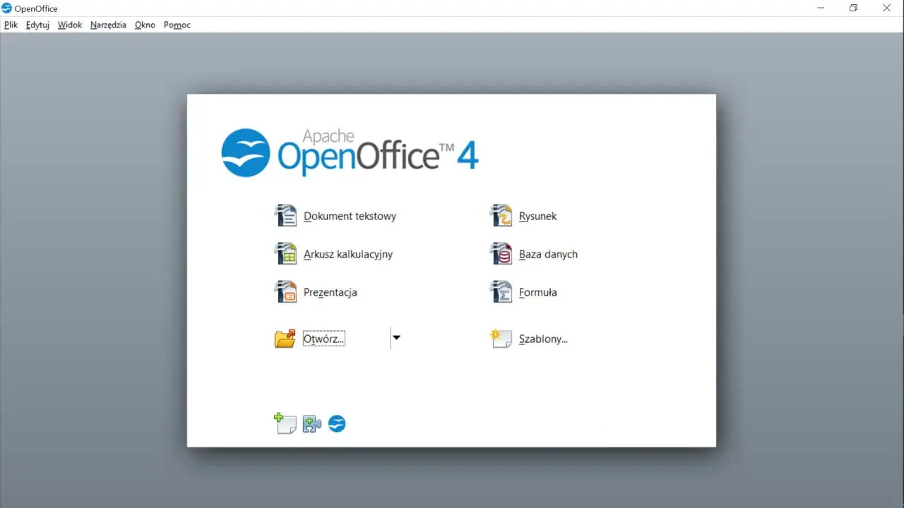 Ekran startowy programu OpenOffice. Można tu tworzyć dokumenty tekstowe, arkusze kalkulacyjne, prezentacje, rysunki, bazy danych i formuły.