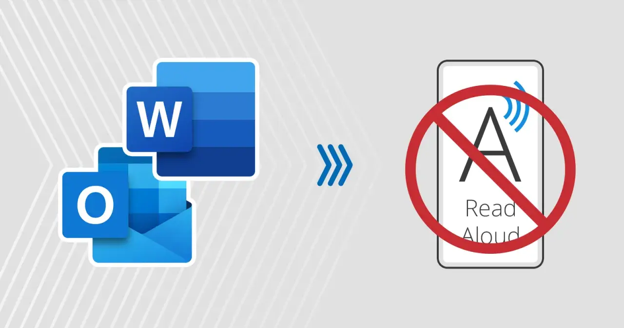 Ikony Word i Outlook, strzałki i symbol zakazu na telefonie z napisem "Read Aloud". Dowiedz się, jak wyłączyć podkreślanie błędów w Wordzie.