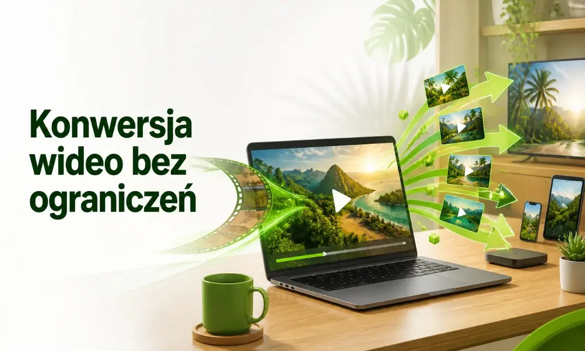 Konwersja wideo bez ograniczeń. Laptop, telewizor i smartfon pokazują ten sam film, sugerując łatwy sposób, jak zmienić format filmu.