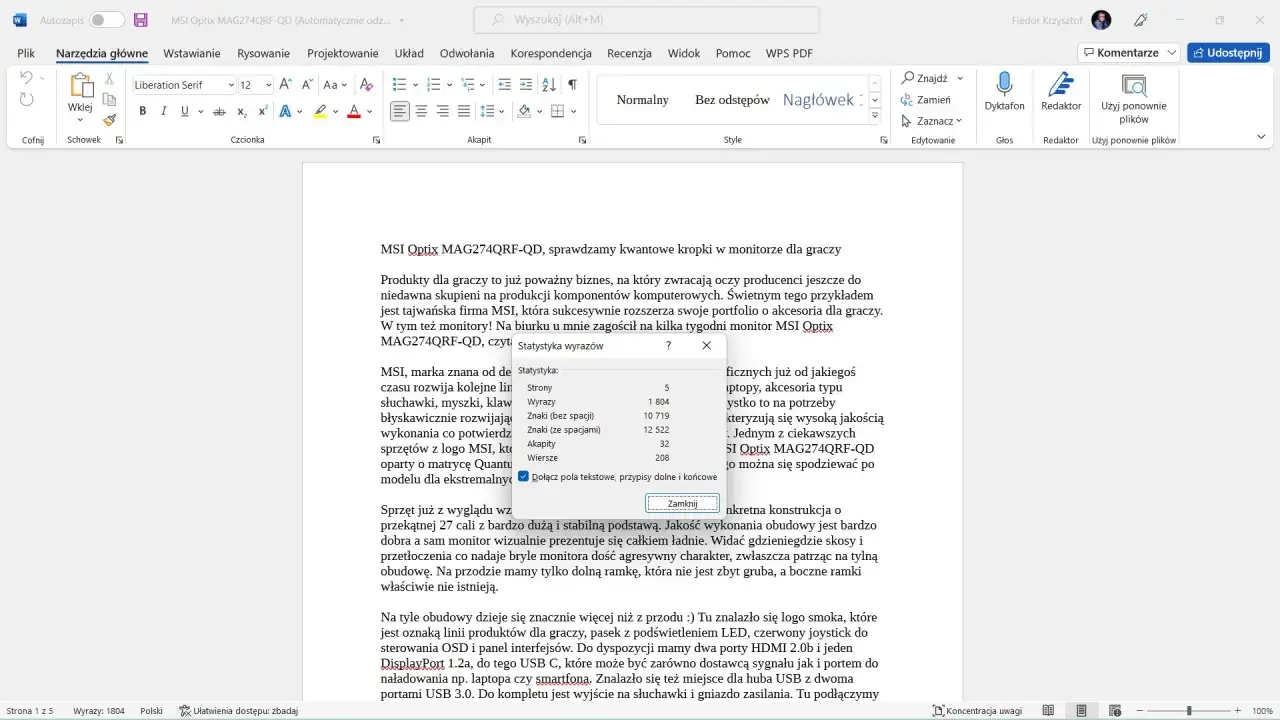 Statystyka wyrazów w Wordzie: 1804 wyrazy, 10719 znaków bez spacji. Jak policzyć znaki w Wordzie? Sprawdź statystyki dokumentu.