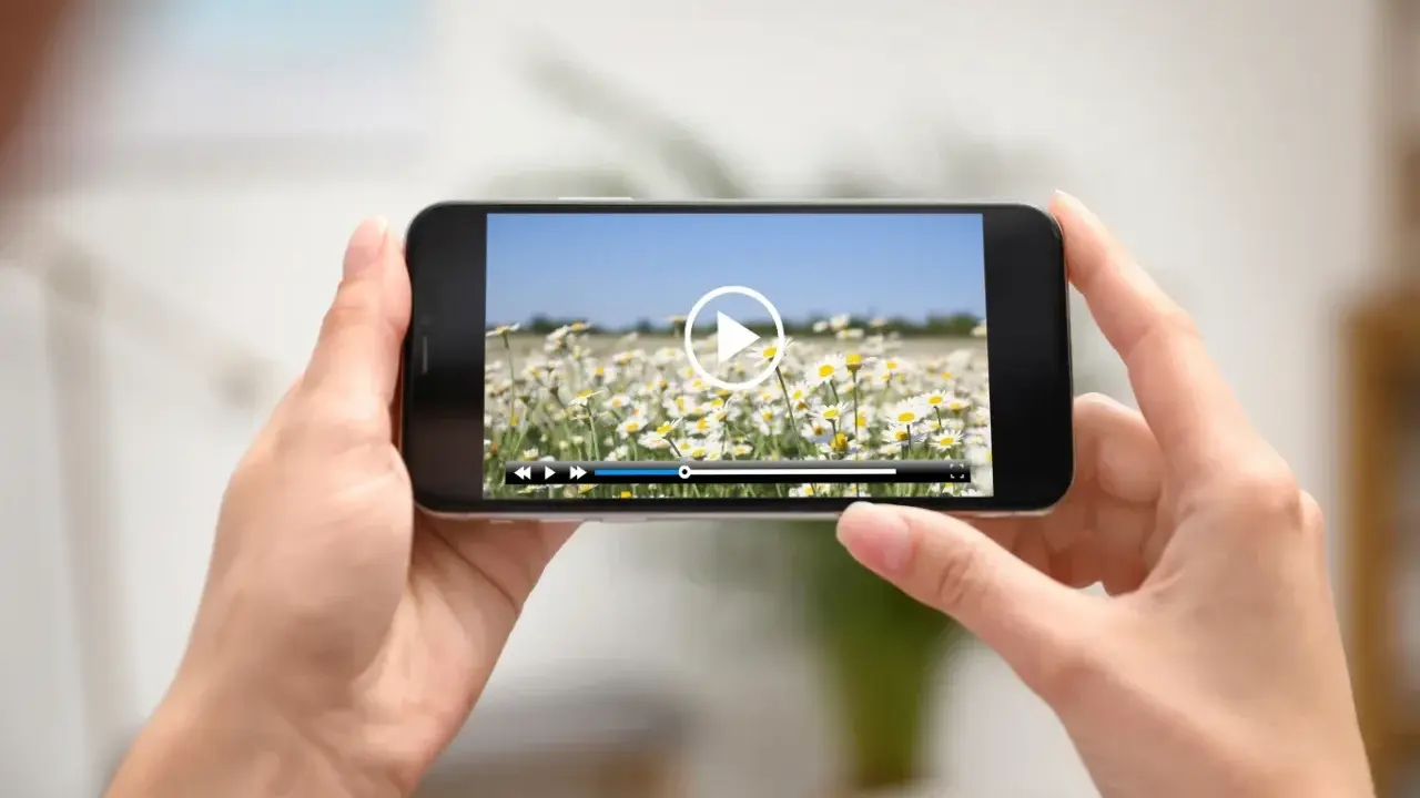 Dłonie trzymają smartfon z widokiem na pole stokrotek. Na ekranie odtwarzacz wideo, idealny do edycji i przycinania filmów.