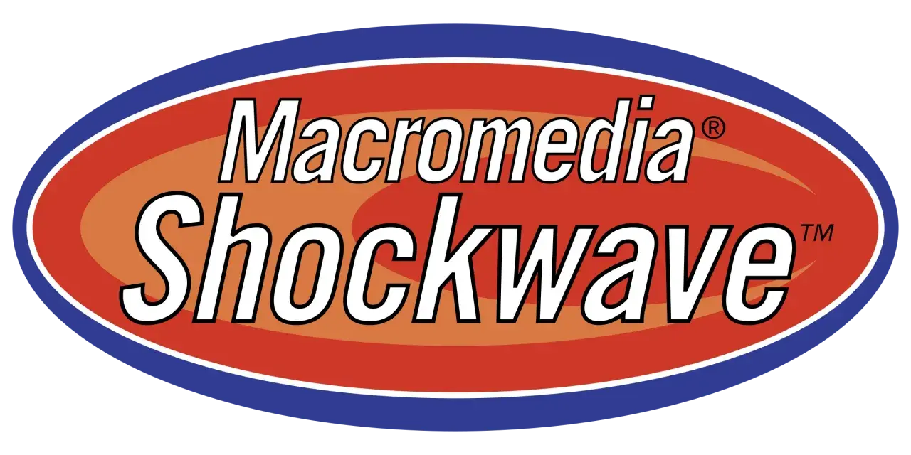 Logo Macromedia Shockwave, dawniej popularne w odtwarzaniu animacji i gier, teraz jako część historii Adobe.