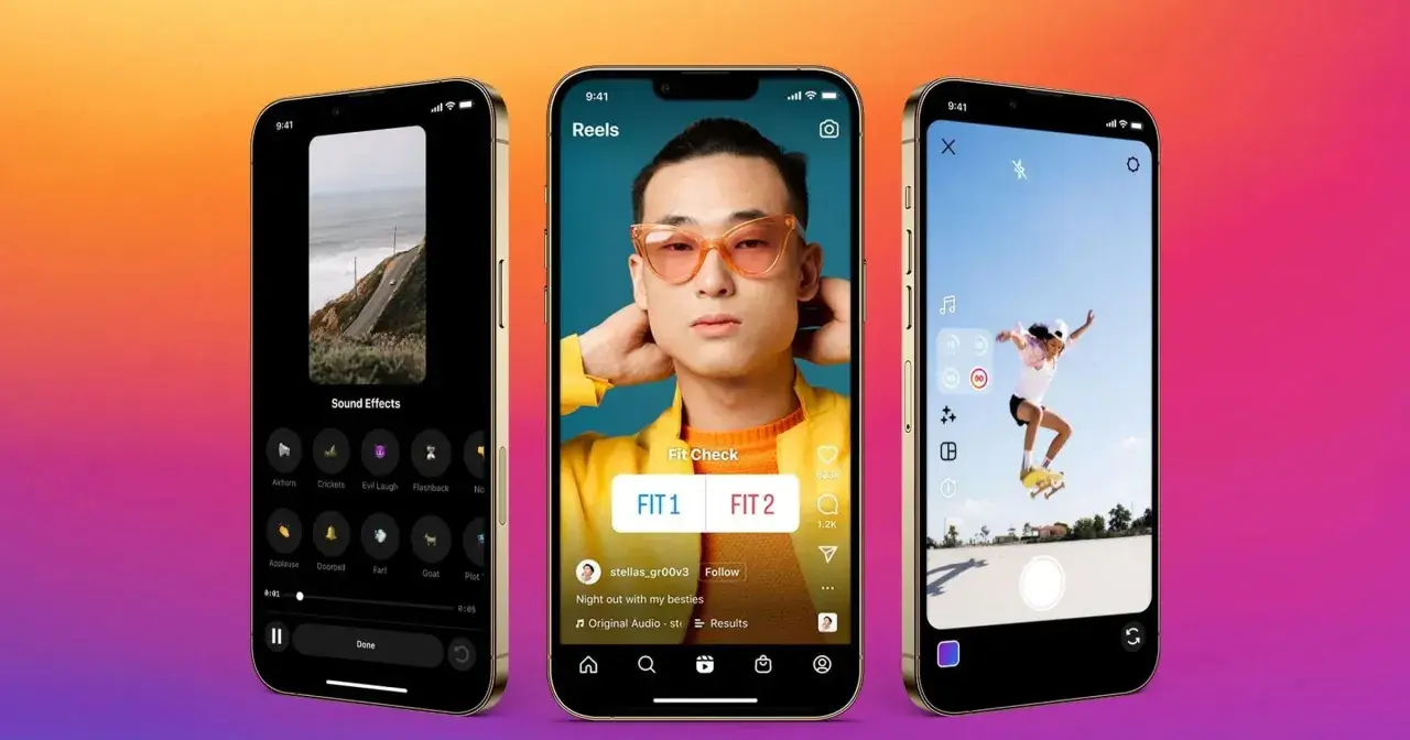 Trzy telefony pokazują interfejs Instagram Reels. Dowiedz się, jak udostępnić rolkę z Instagrama na Facebooku.