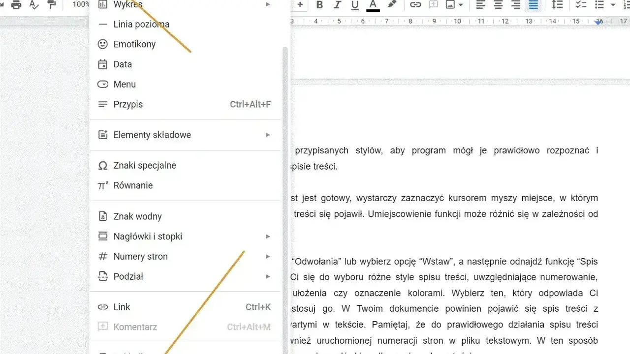 Wybieranie opcji "Wstaw" i następnie "Spis treści" w edytorze tekstu.