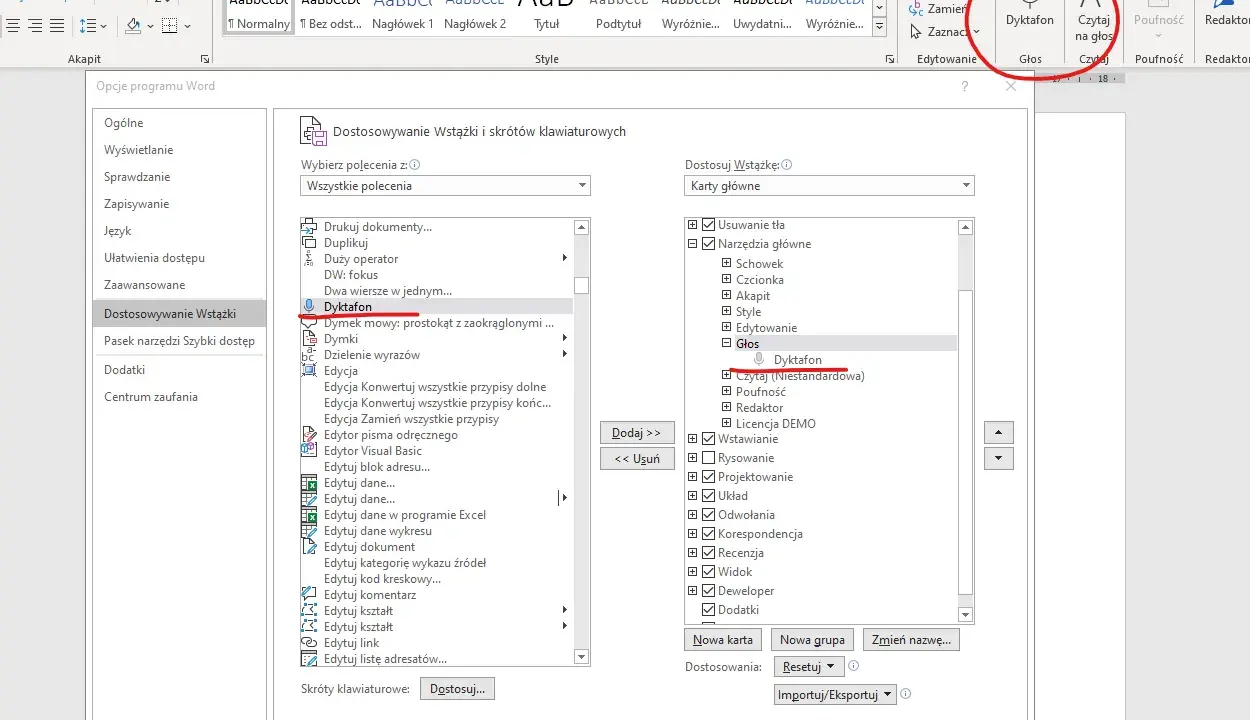 Jak włączyć mikrofon w Wordzie? W menu "Opcje programu Word" wybierz "Dostosowywanie Wstążki", a następnie w sekcji "Głos" zaznacz "Dyktafon".