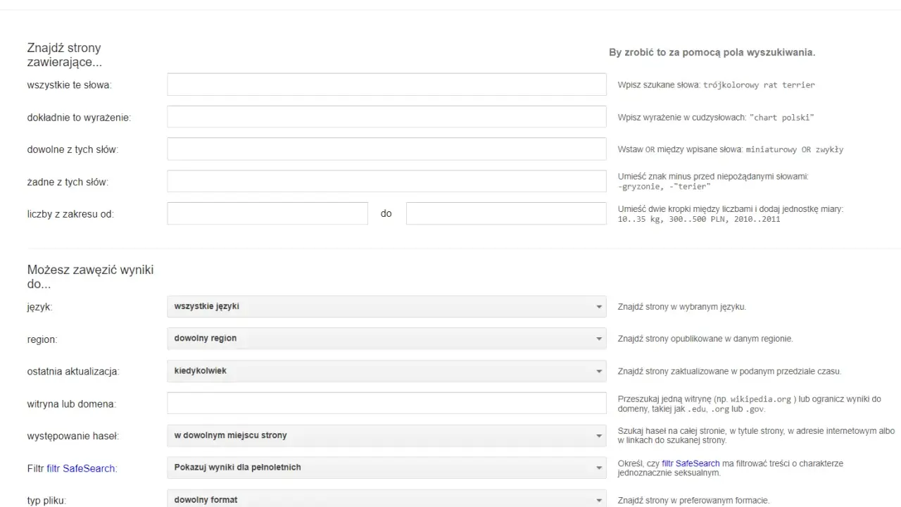 Formularz wyszukiwania zaawansowanego Google pozwala precyzyjnie określić kryteria wyszukiwania, np. wpisując frazę "trójkolorowy rat terrier".