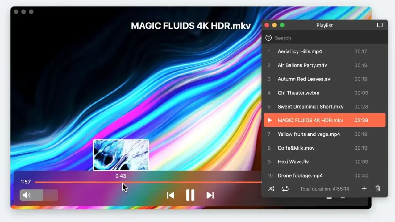 Odtwarzacz filmów z napisami wyświetla "MAGIC FLUIDS 4K HDR.mkv" na tle kolorowych fal. Widoczna jest lista odtwarzania.