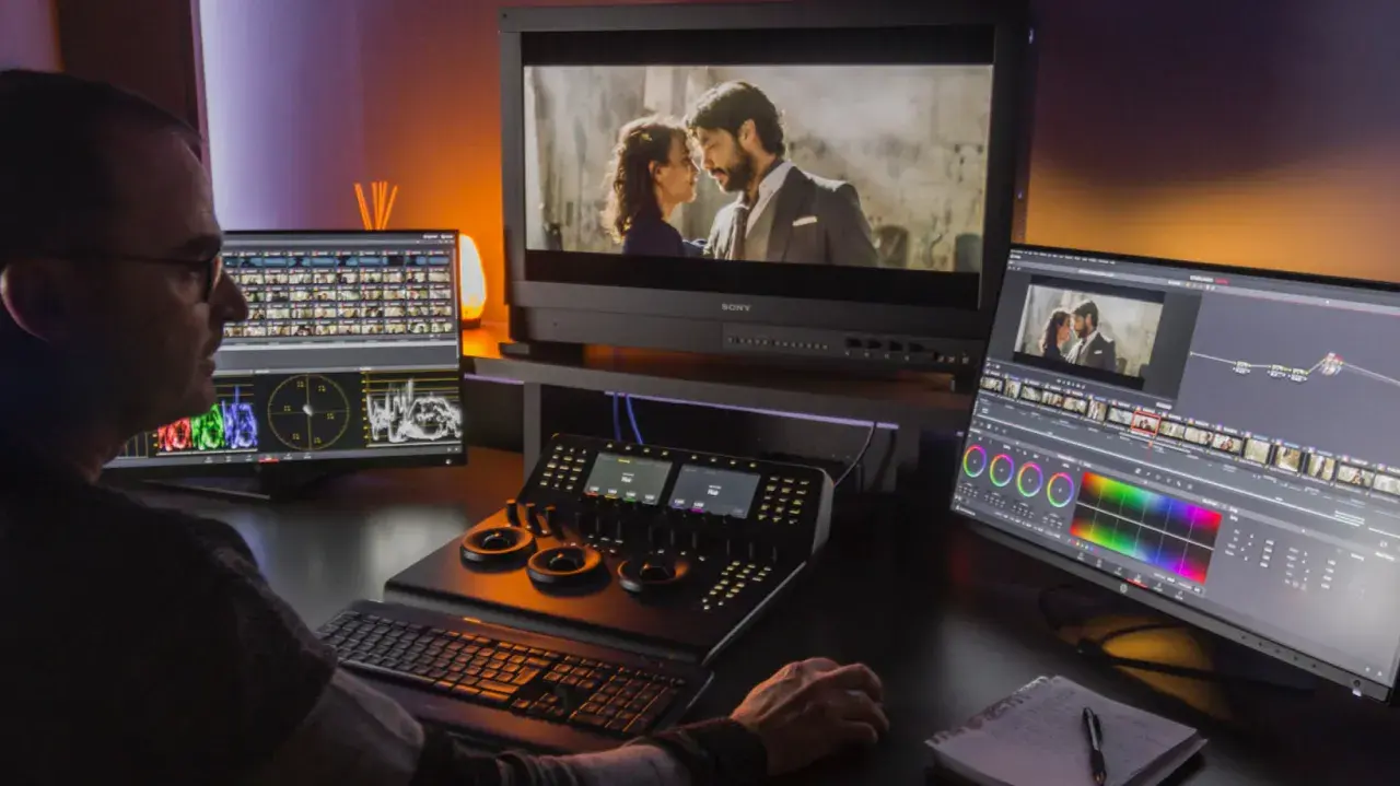 Operator pracuje przy zaawansowanym programie do obróbki filmów, dostosowując kolory i montując scenę z parą.