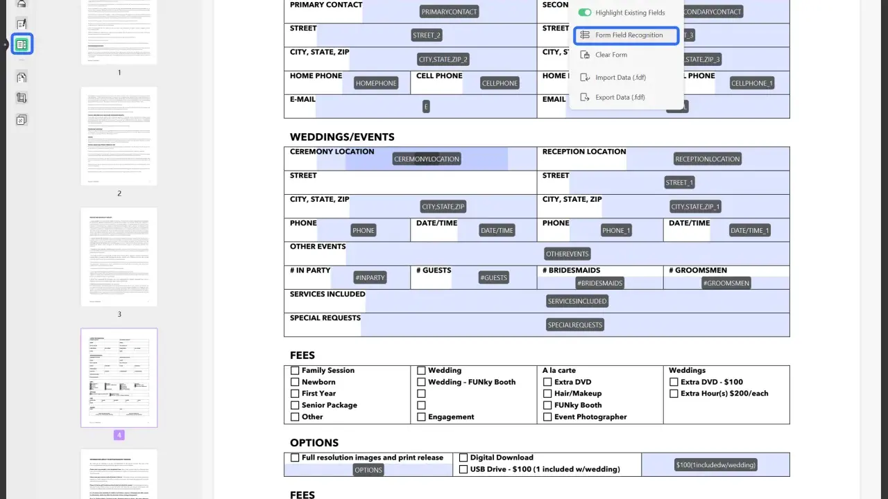 Formularz ankiety z danymi klienta, lokalizacją ślubu, opcjami i opłatami. Widoczna opcja "Form Field Recognition".