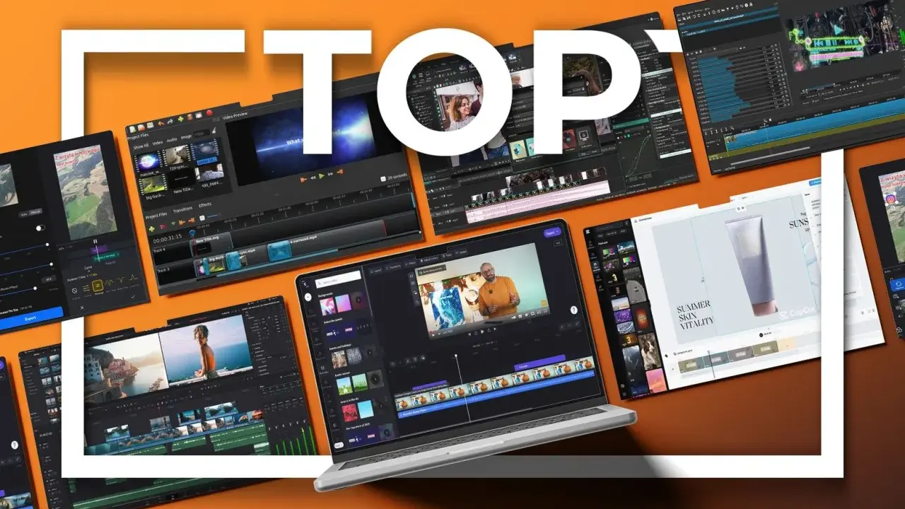 Najlepsze oprogramowanie do edycji wideo, w tym darmowy program do obróbki filmów, prezentowane na ekranach laptopów i tabletów.