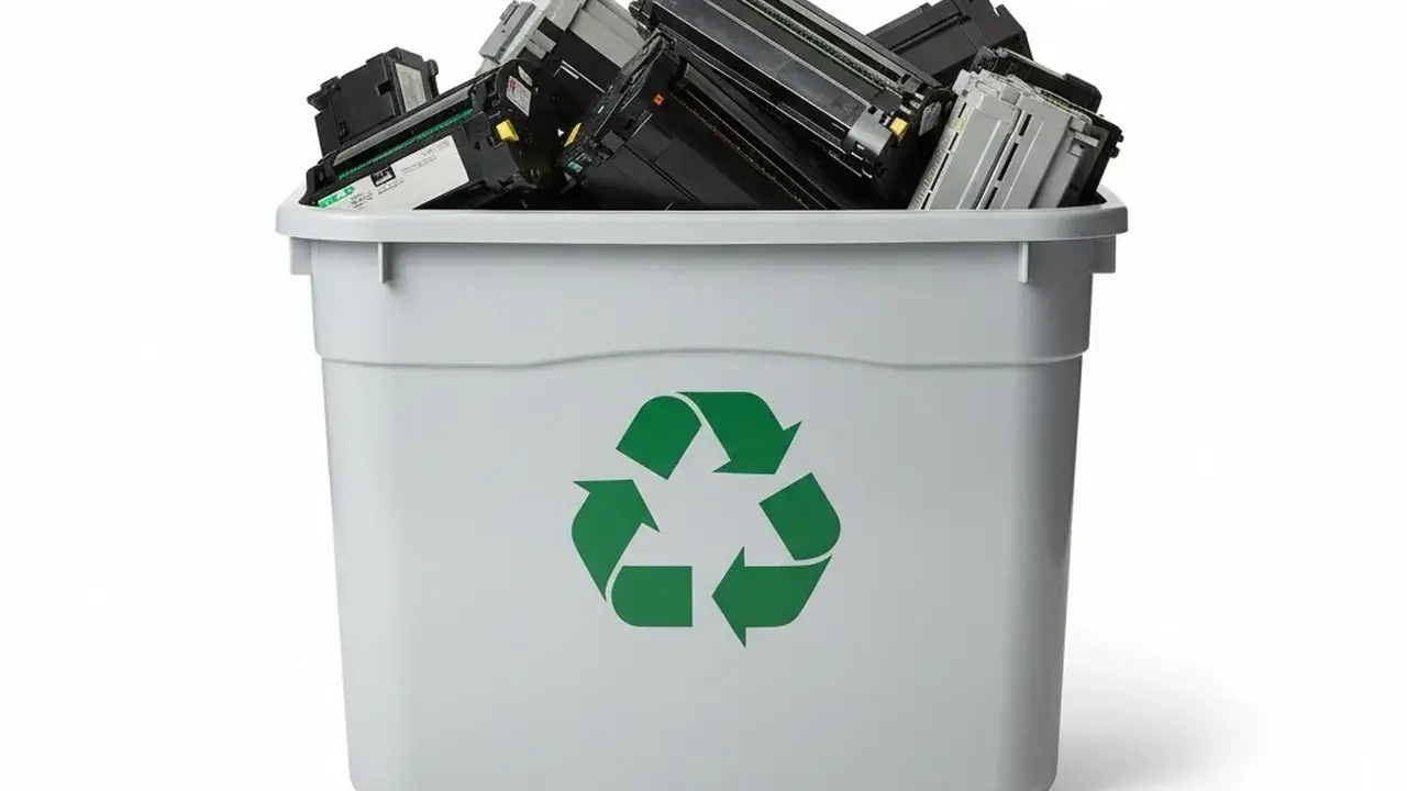 Pojemnik z zielonym symbolem recyklingu wypełniony po brzegi zużytymi tonerami.