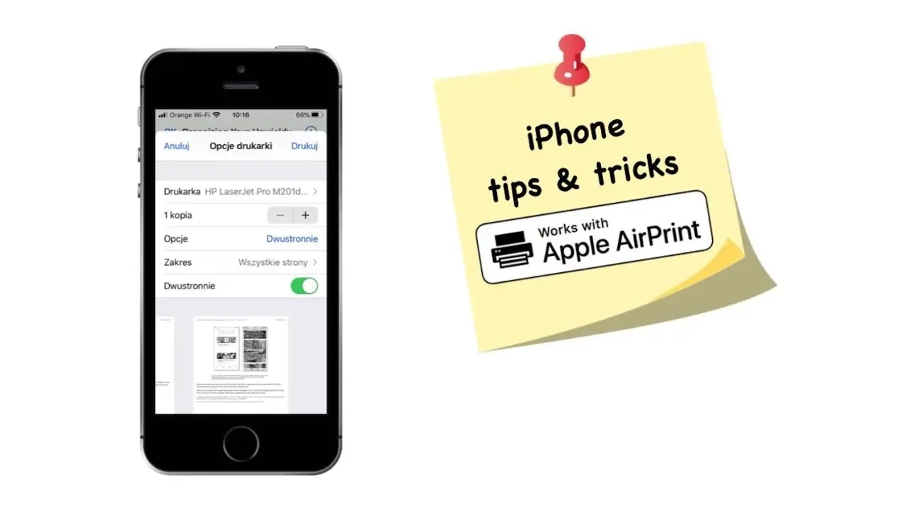 Jak drukowac z iPhone? Ekran telefonu pokazuje opcje drukowania, a obok żółta karteczka z napisem "iPhone tips & tricks" i logo Apple AirPrint.