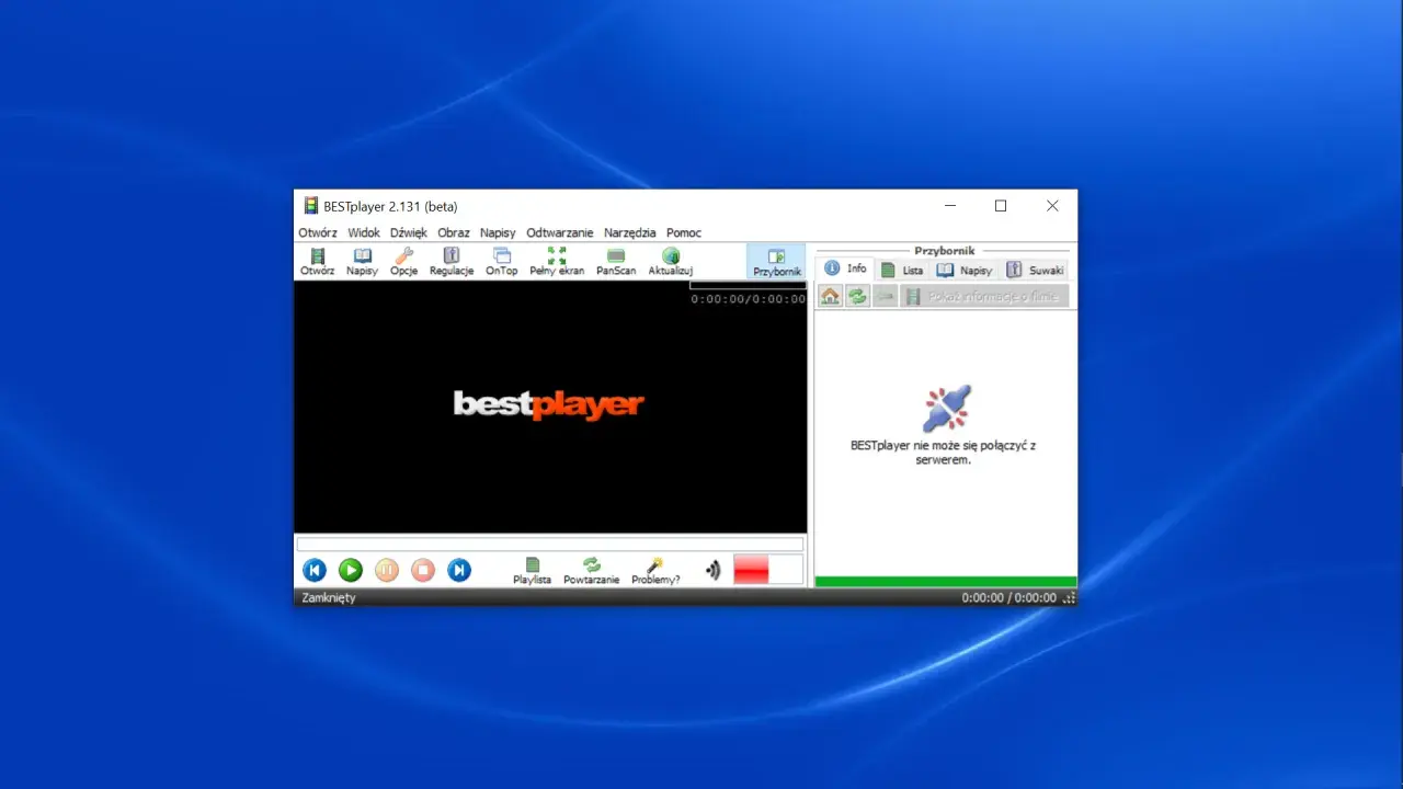 BESTplayer, darmowy odtwarzacz muzyki, wyświetla logo. Program informuje o braku połączenia z serwerem.