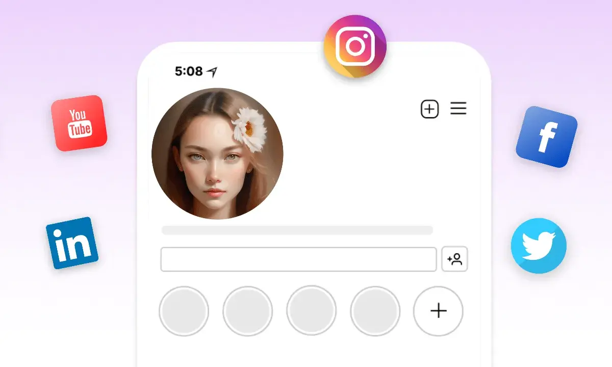 Profilowe na grupę: portret dziewczyny z kwiatem we włosach na tle ikon mediów społecznościowych (Instagram, YouTube, LinkedIn, Facebook, Twitter).