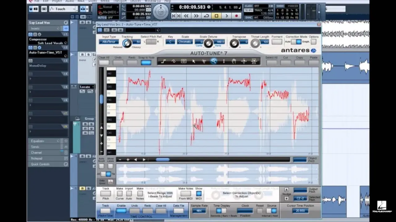 Program do edycji wokalu, auto-tune evo vst, z wykresem fali dźwiękowej i parametrami korekcji.