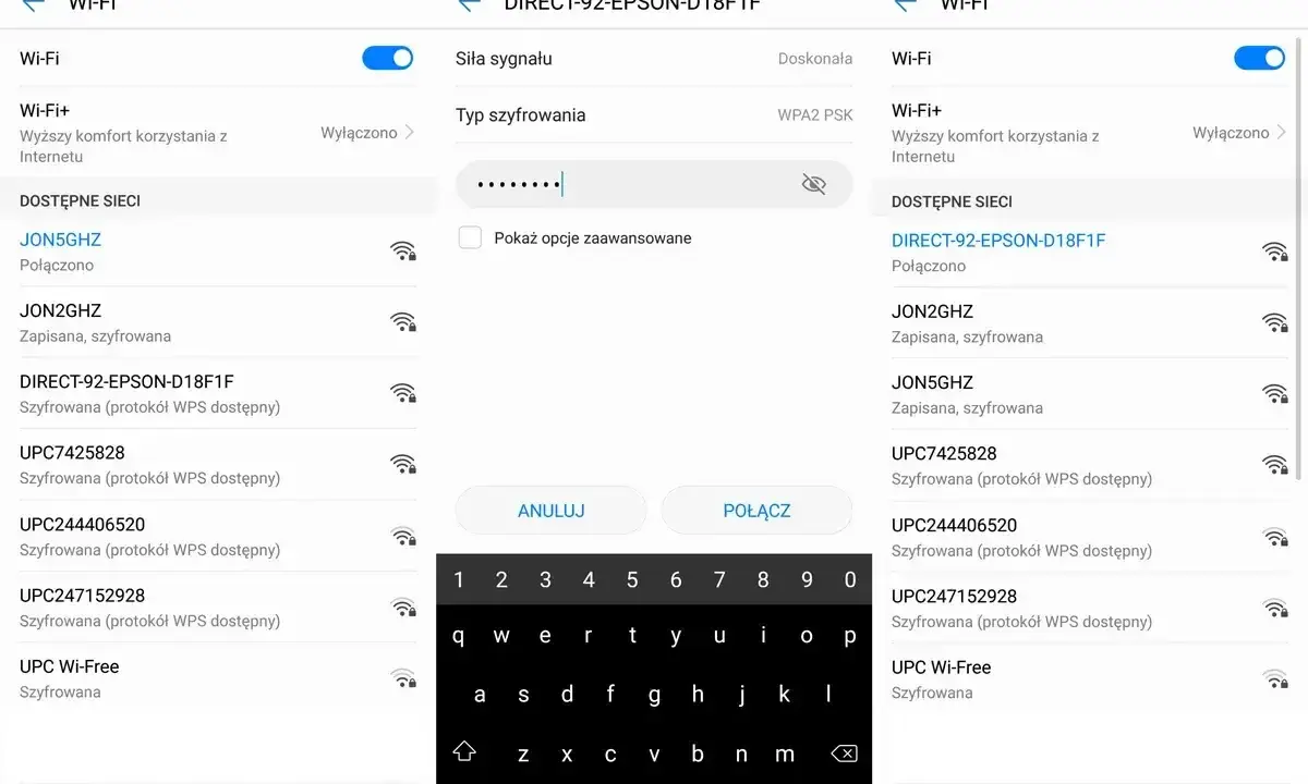 Problem z połączeniem drukarki HP z Wi-Fi. Widok ekranu telefonu z listą dostępnych sieci Wi-Fi i próbą połączenia z siecią drukarki.