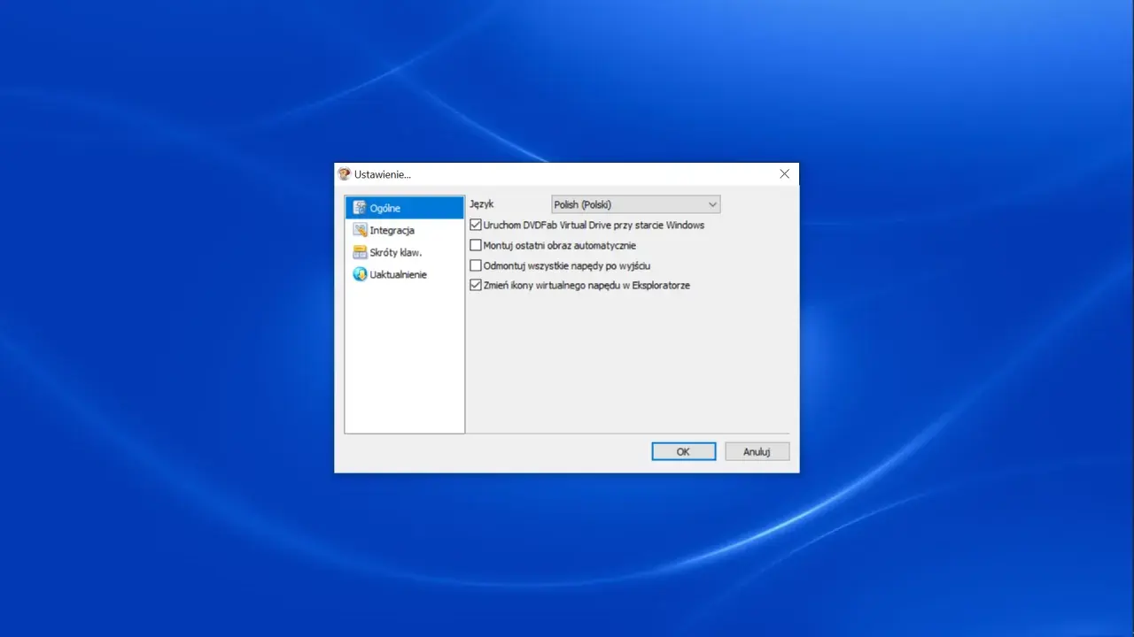 Ustawienia programu DVD Fab Virtual Drive: uruchamianie przy starcie Windows, zmiana ikon w Eksploratorze.