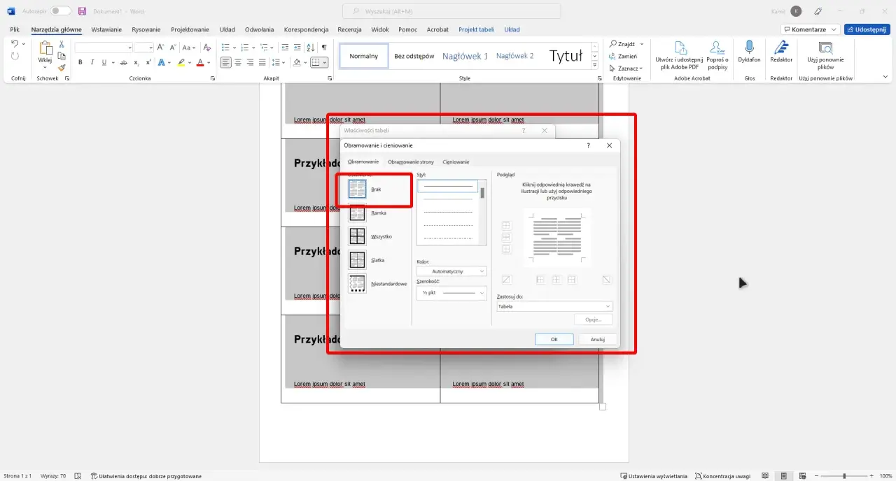 Szablon wizytówki Word w programie Microsoft Word, okno dialogowe "Właściwości tabeli" z opcjami obramowania.