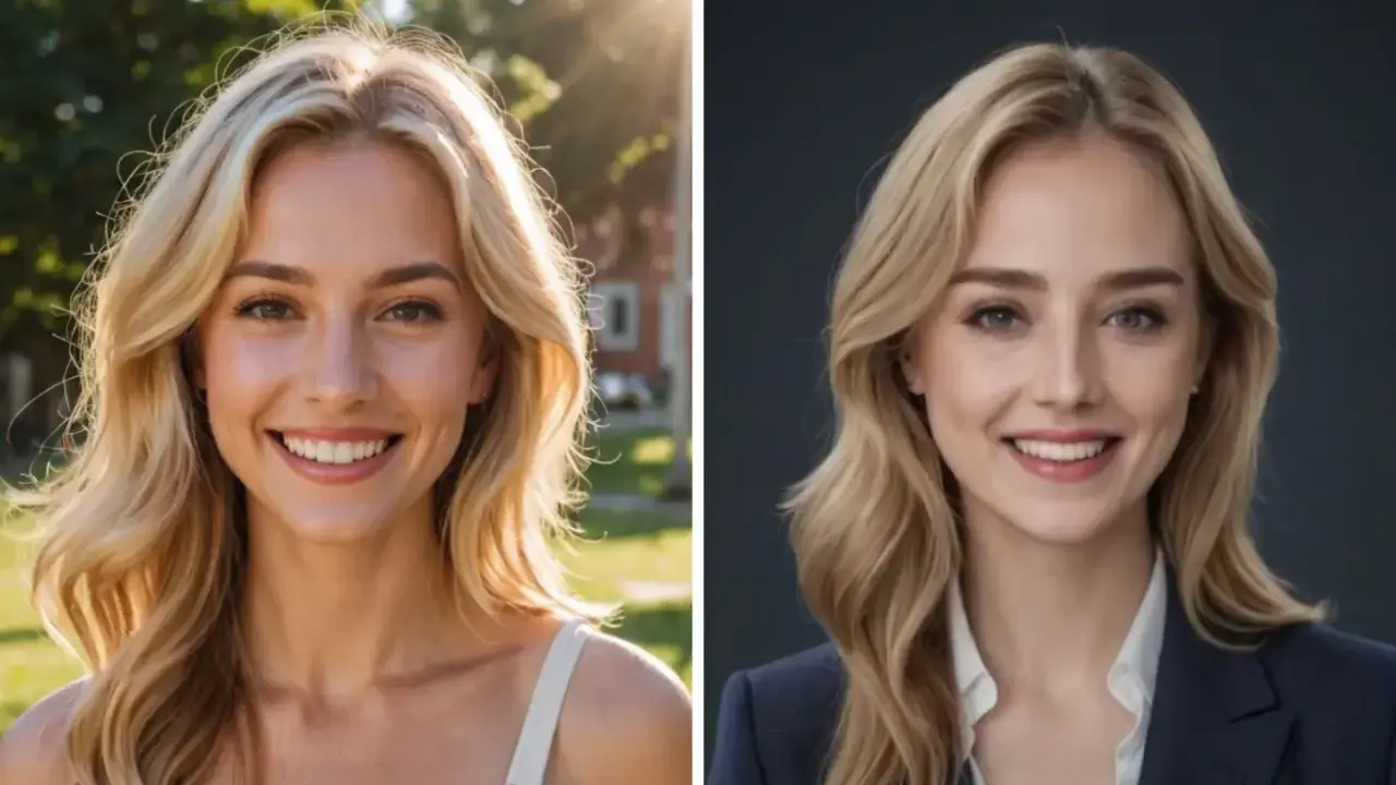Dwie grafiki na profilowe: uśmiechnięta blondynka w letniej stylizacji i w eleganckim garniturze.