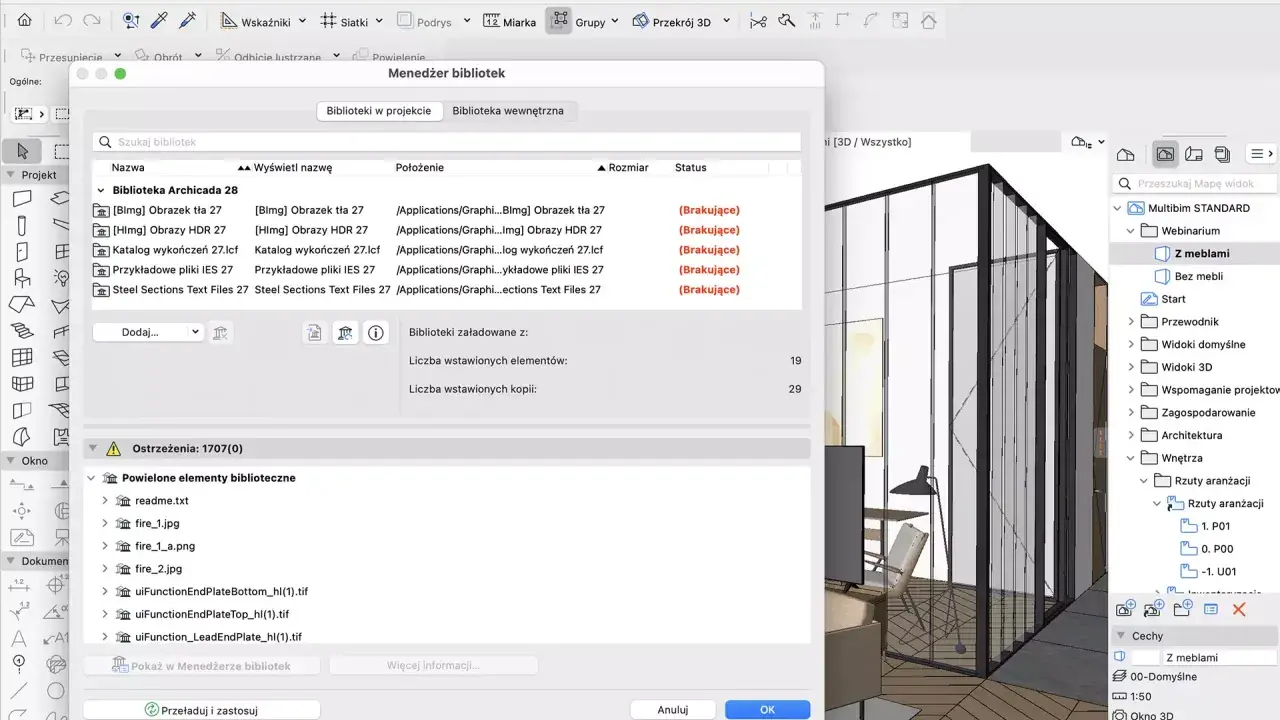 Menedżer bibliotek w Archicadzie pokazuje brakujące pliki, w tym obrazy i tekstury, które są potrzebne do projektu.