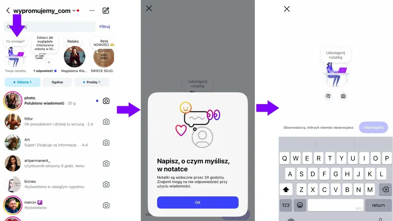 Jak włączyć notatki na Instagramie? Kliknij "Co nowego?", a następnie "Udostępnij notatkę". Wpisz swoją myśl i kliknij "OK".
