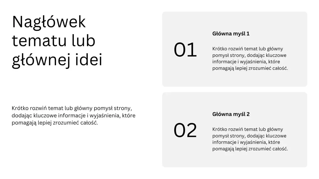 Szablon prezentacji, który pokazuje, jak zrobić plakat w PowerPoint. Zawiera nagłówek i pola na główne myśli z opisami.
