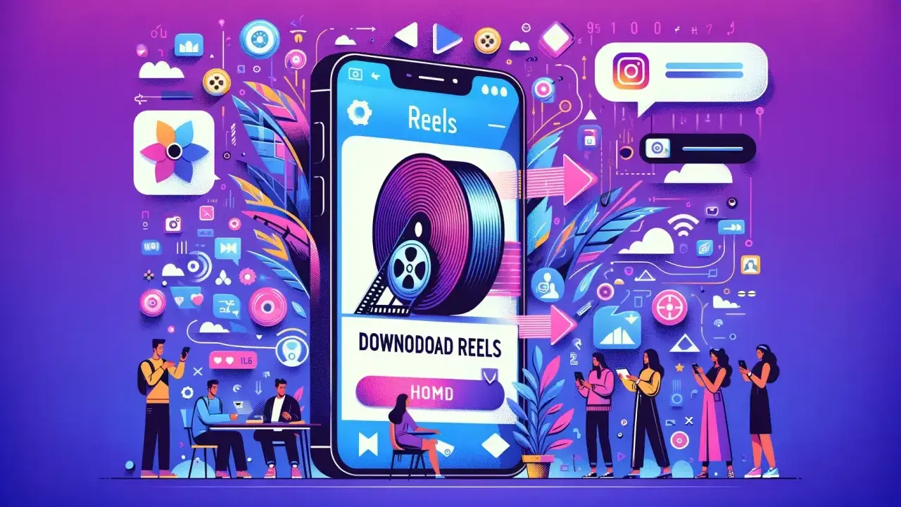 Ilustracja pokazuje, jak zapisać rolkę na telefonie, z ikonami mediów społecznościowych i ludźmi korzystającymi z urządzeń.