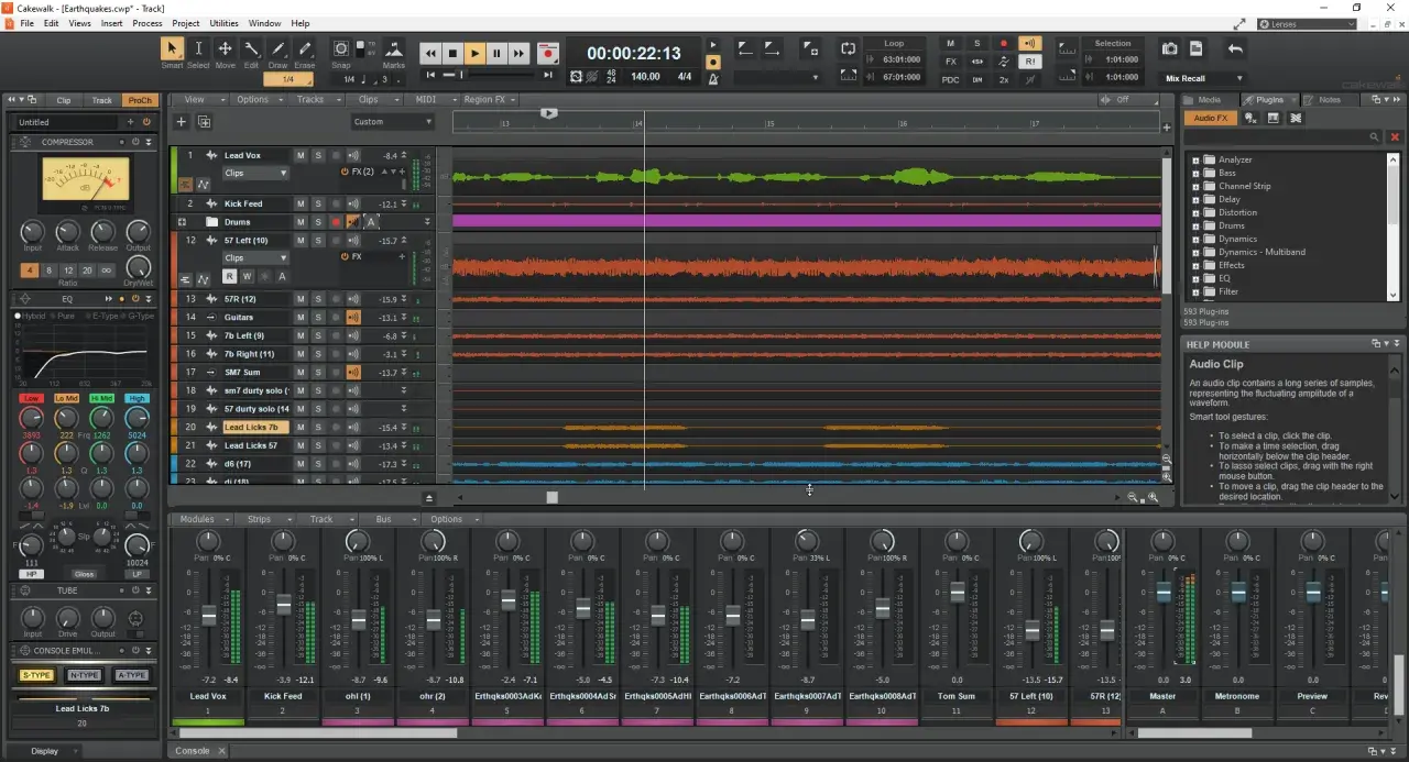 Ekran programu Cakewalk z widocznymi ścieżkami audio, mikserem i panelem efektów.