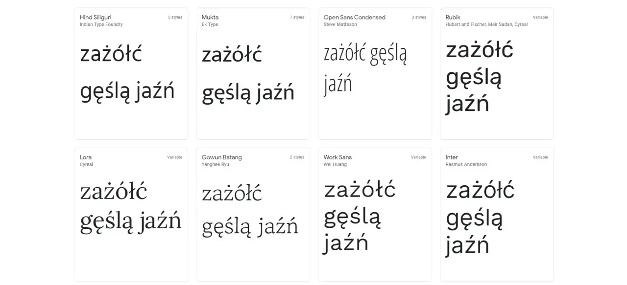 Różne fonty, w tym elegancka czcionka z polskimi znakami, prezentują tekst "zażółć gęślą jaźń".