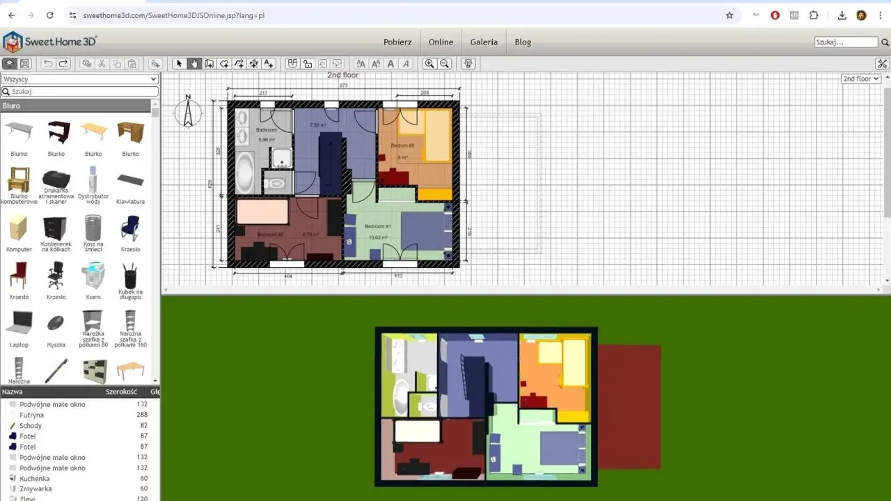 Program do projektowania domów Sweet Home 3D pokazuje plan piętra z meblami i wymiarami.