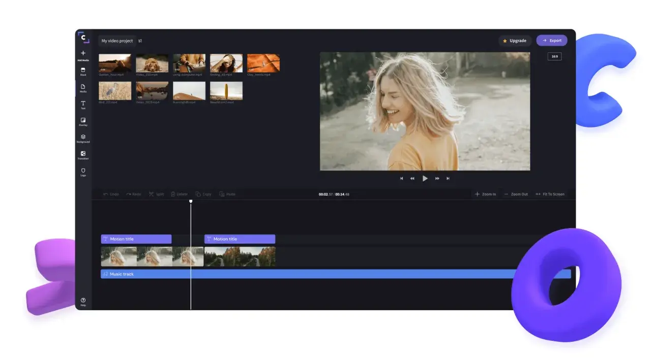 Edycja filmów na Androidzie: interfejs aplikacji z podglądem wideo, osi czasu i klipami.