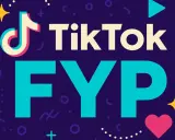 TikTok FYP - czyli "For You Page", strona z polecanymi filmami. Kolorowe grafiki i ikony.