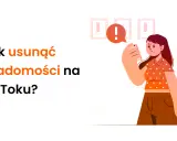 Ilustracja pokazuje, jak usunąć wiadomości na TikToku. Kobieta trzyma telefon, a nad nim pojawia się dymek z wykrzyknikiem.