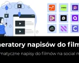 Kobieta z telefonem korzysta z generatora napisów do filmów, jak np. napiprojekt. Ikony popularnych narzędzi do edycji wideo.