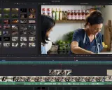 Dwie kobiety gotują w kuchni. Interfejs DaVinci Resolve Studio, darmowy program do tworzenia filmów, pokazuje klipy wideo i oś czasu.