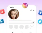 Profilowe na grupę: portret dziewczyny z kwiatem we włosach na tle ikon mediów społecznościowych (Instagram, YouTube, LinkedIn, Facebook, Twitter).