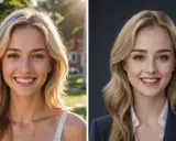 Dwie grafiki na profilowe: uśmiechnięta blondynka w letniej stylizacji i w eleganckim garniturze.