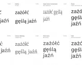 Różne fonty, w tym elegancka czcionka z polskimi znakami, prezentują tekst "zażółć gęślą jaźń".