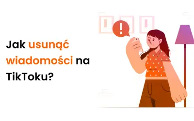 Ilustracja pokazuje, jak usunąć wiadomości na TikToku. Kobieta trzyma telefon, a nad nim pojawia się dymek z wykrzyknikiem.