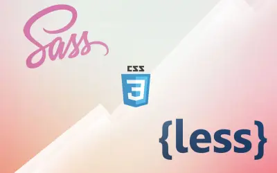 Sass i Less, preprocesory CSS, obok logo CSS3.